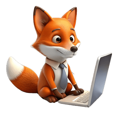Hired Fox mascot practicing at a computer